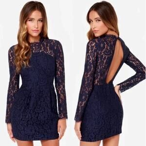 KEEPSAKE the Label | Navy Blue Run the World Lace Long Sleeve Dress Extra Small